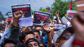 The Gen Z group protests against corruption and the ban on social media platforms by the government in Kathmandu, Nepal, on September 8, 2025. (Photo by Ambir Tolang/NurPhoto) (Photo by Ambir Tolang / NurPhoto via AFP)
